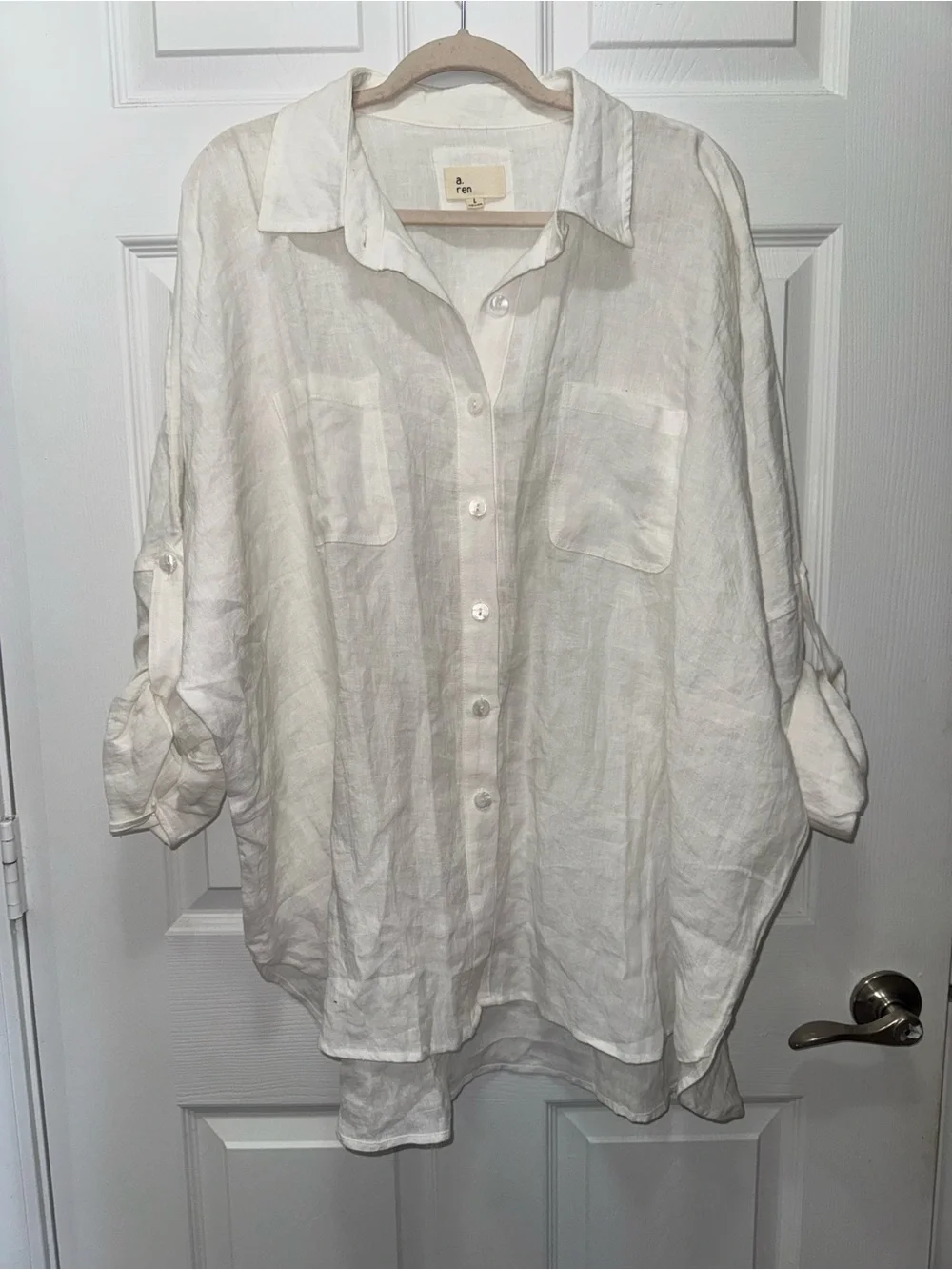 a.ren 100% Linen Boyfriend Shirt White Oversized Resort Beach CoverUp Size Large - Picture 9 of 15